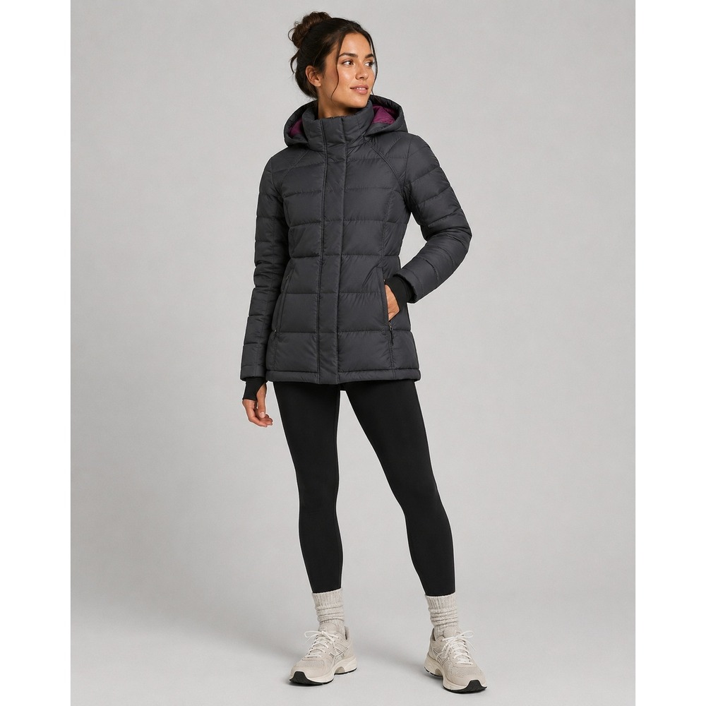Athleta Goose Down Puffer Jacket Women Small‎ Dark Gray Hooded Winter Gorpcore
